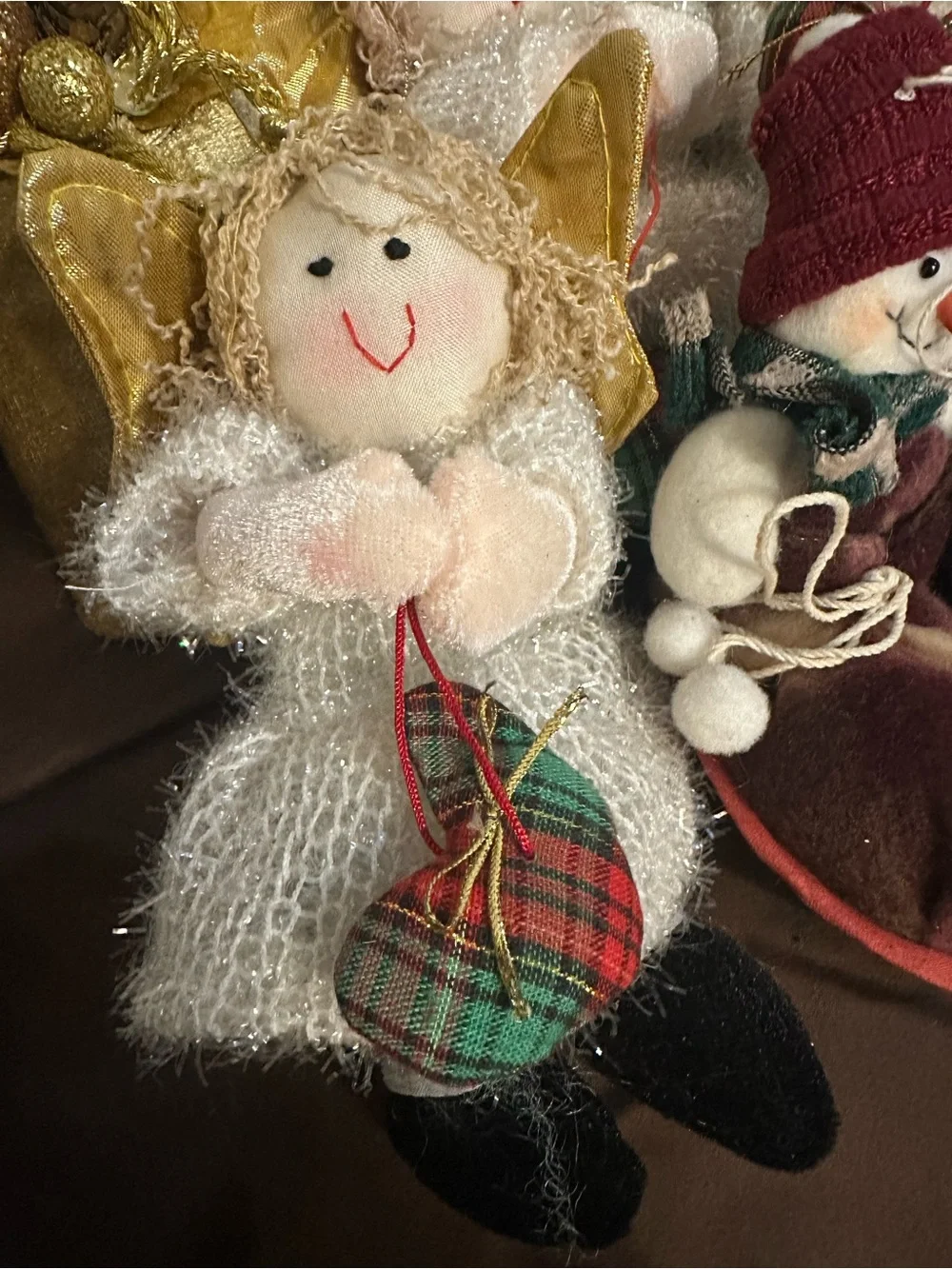 Holiday Plush Angel and Snowman Ornaments - Gold, Red, White